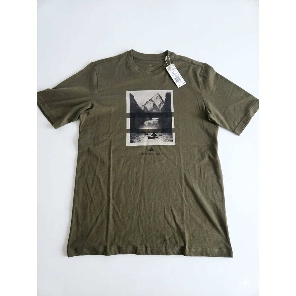 Adidas Sportswear Mens Olive Strata Mountain Kayak Graphic T-Shirt LT KB2541